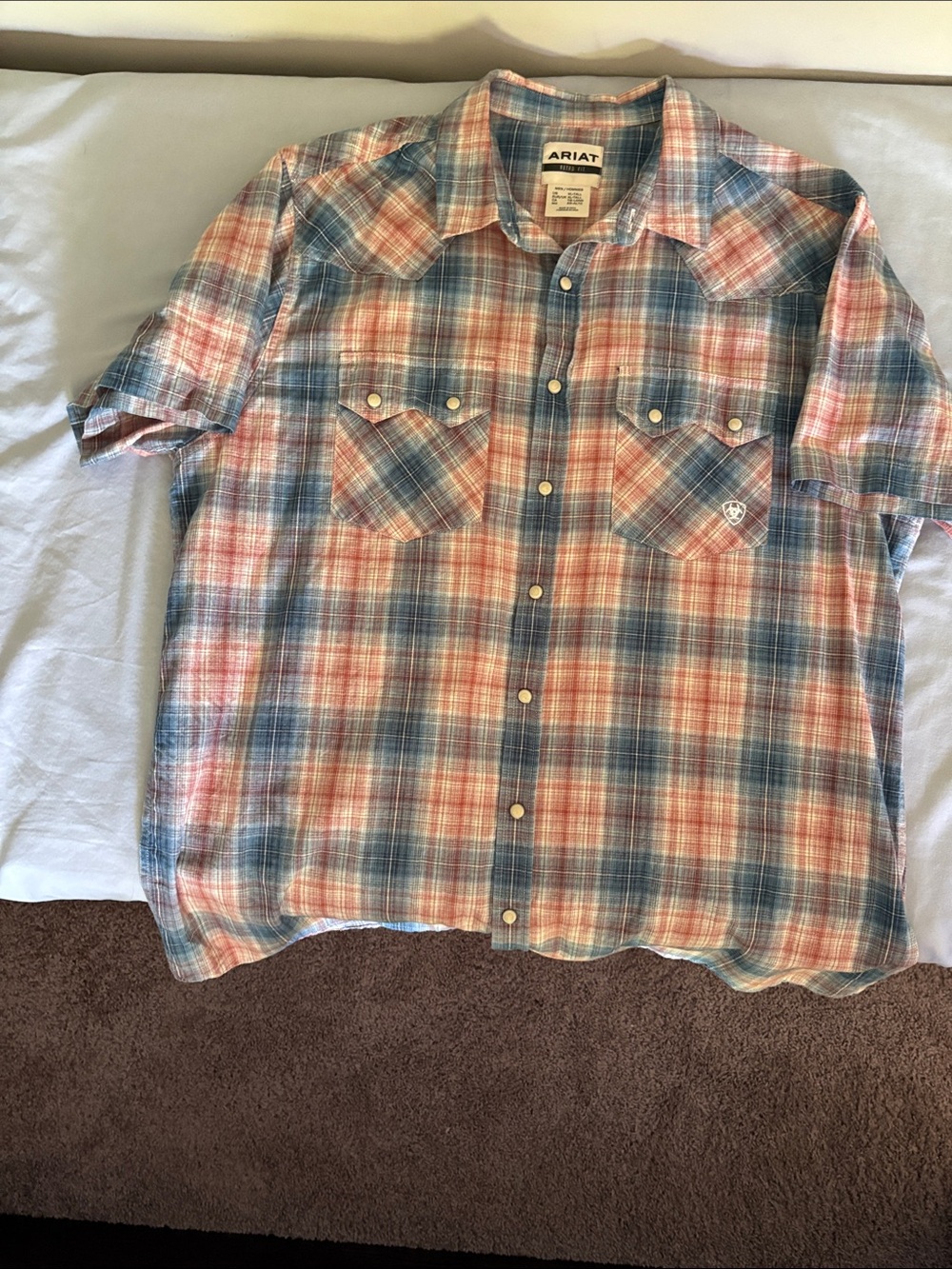Ariat Short-Sleeve Plaid Button-Down Shirt in Blue & Coral